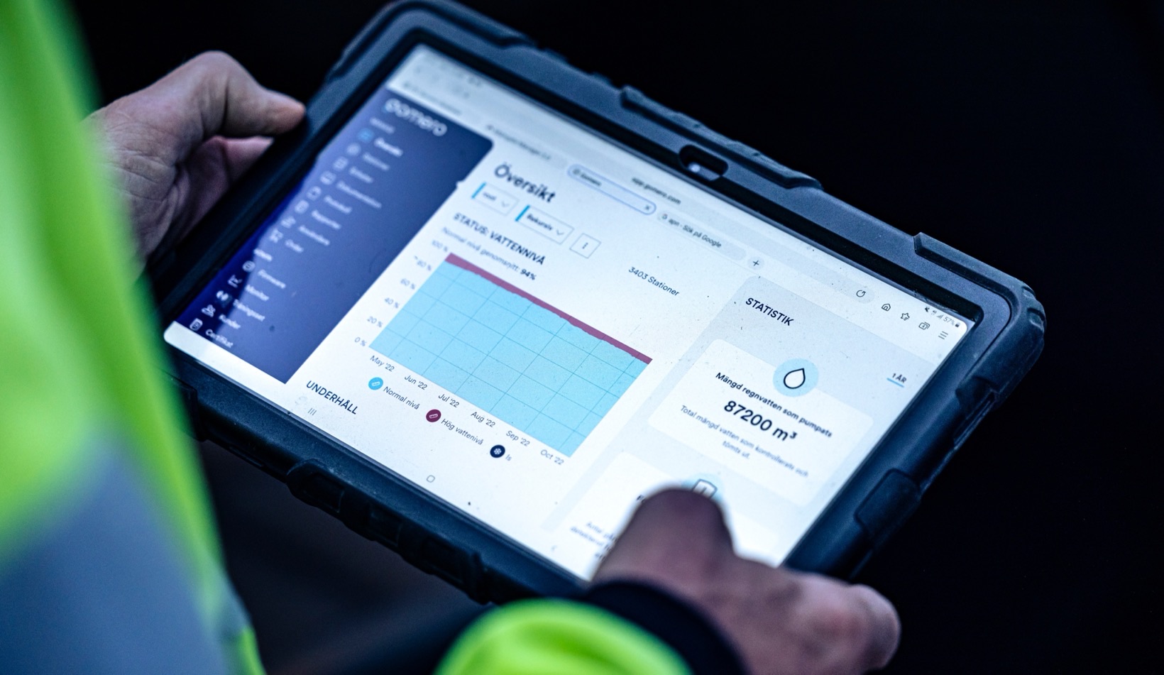 A field technician viewing the Gomero dashboard on a rugged tablet